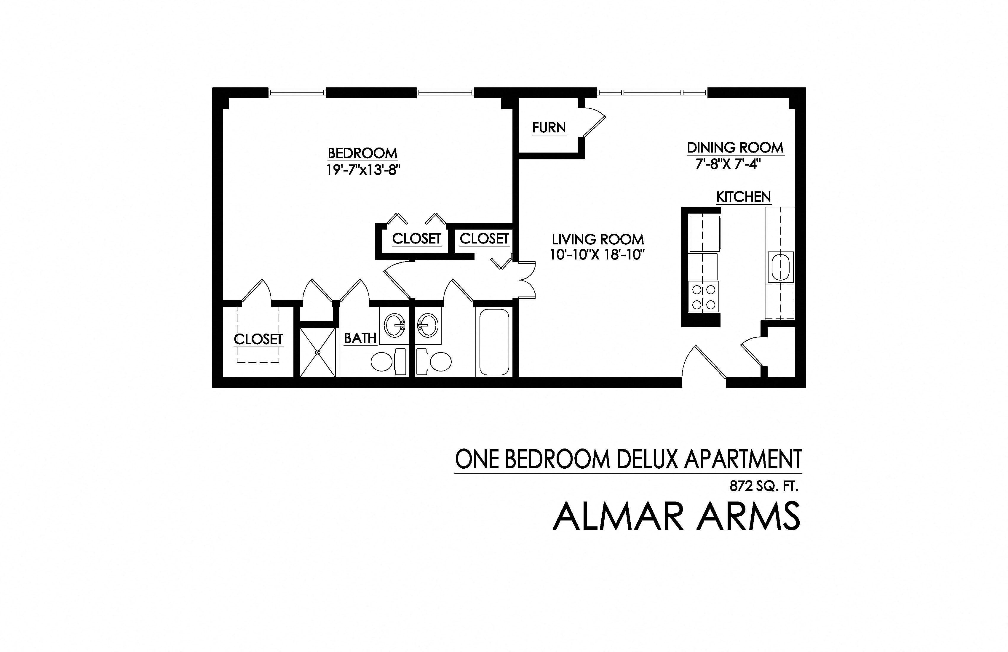 Floor plan for 1 bed, 2 baths, 872 sqft